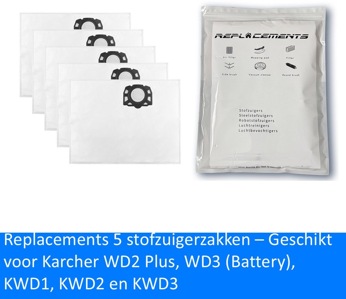 Replacements® 5x Stofzuigerzakken geschikt voor Karcher WD2 Plus, WD3 (Battery), KWD1, KWD2, KWD3, WD3.200 - WD3.800 M