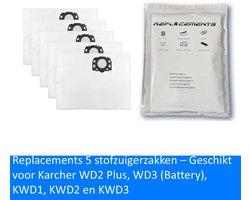 Replacements® 5x Stofzuigerzakken geschikt voor Karcher WD2 Plus, WD3 (Battery), KWD1, KWD2, KWD3, WD3.200 - WD3.800 M