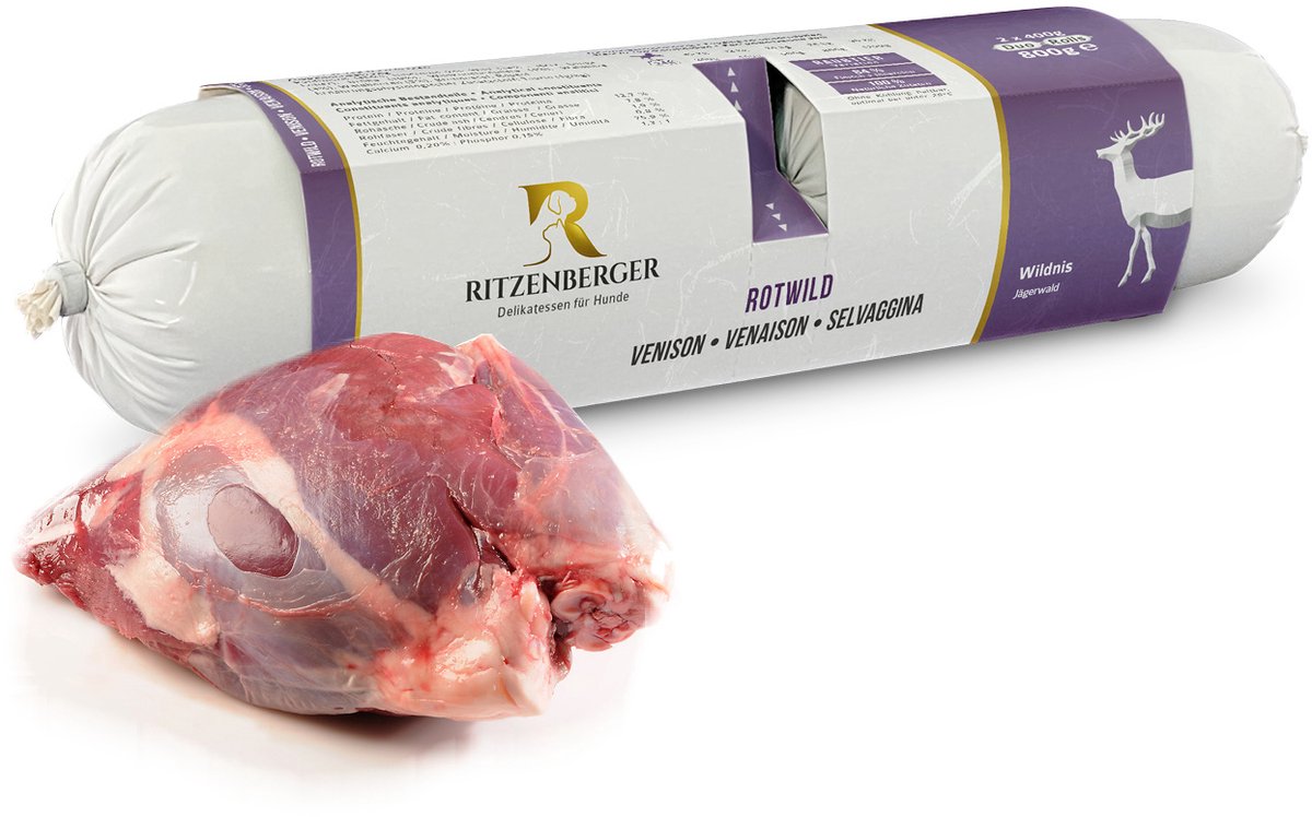 Ritzenberger Wild Hert met Wilde Paddenstoelen gestoomde worst. Doos 12 rollen (24 x 400 gram). Totaal 9.6 kilo