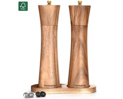 Peper en Zoutmolen Set Acaciahout Hermanos® - 22 cm - Pepermolen - Zoutmolen - Handmatig - Verwisselbare knoppen zwart, zilver en goud - Instelbare maalgraad - BBQ Accessoires - Kerst Cadeau