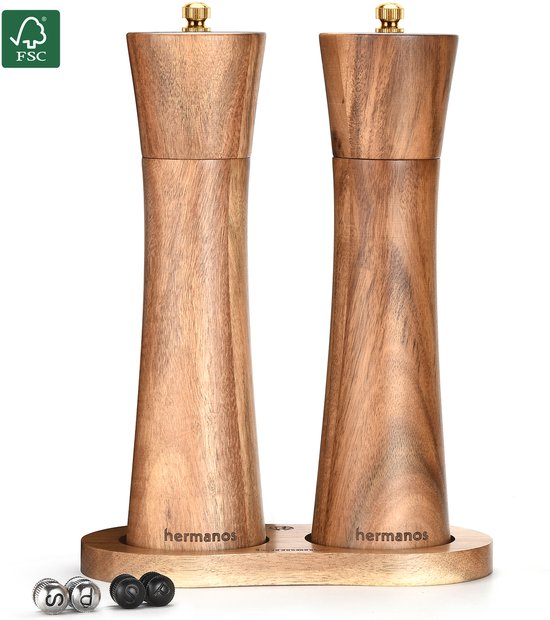 Peper en Zoutmolen Set Acaciahout Hermanos® - 22 cm - Pepermolen - Zoutmolen - Handmatig - Verwisselbare knoppen zwart, zilver en goud - Instelbare maalgraad - BBQ Accessoires - Verjaardag Cadeau