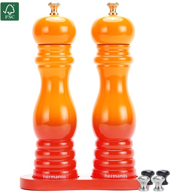 Peper en Zoutmolen Set Handmatig Oranje Acaciahout Hermanos® - 22 cm - Peper- & Zoutstel - Verwisselbare knoppen zwart, zilver en goud - Instelbare maalgraad - Klassiek - BBQ Accessoires