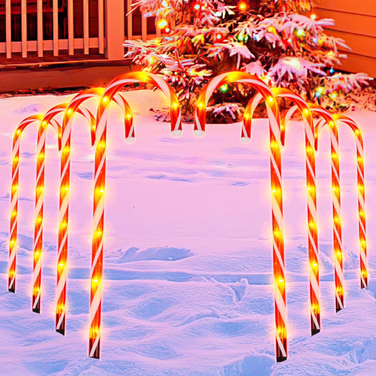 Suikerrietlampjes voor buiten, kerstpadverlichting, waterdicht, 12 stuks.