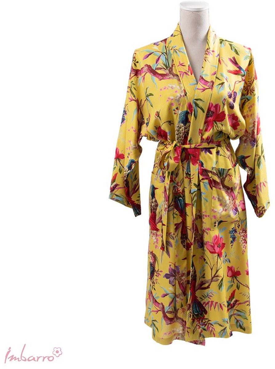 Imbarro Home & Fashion kimono badjas paradise bird print geel groen