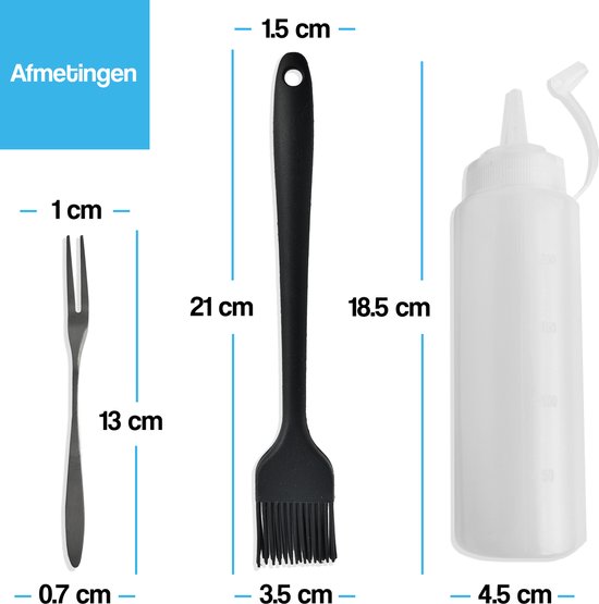 Afmetingen van een vorkje, een kwast en een doseerfles.