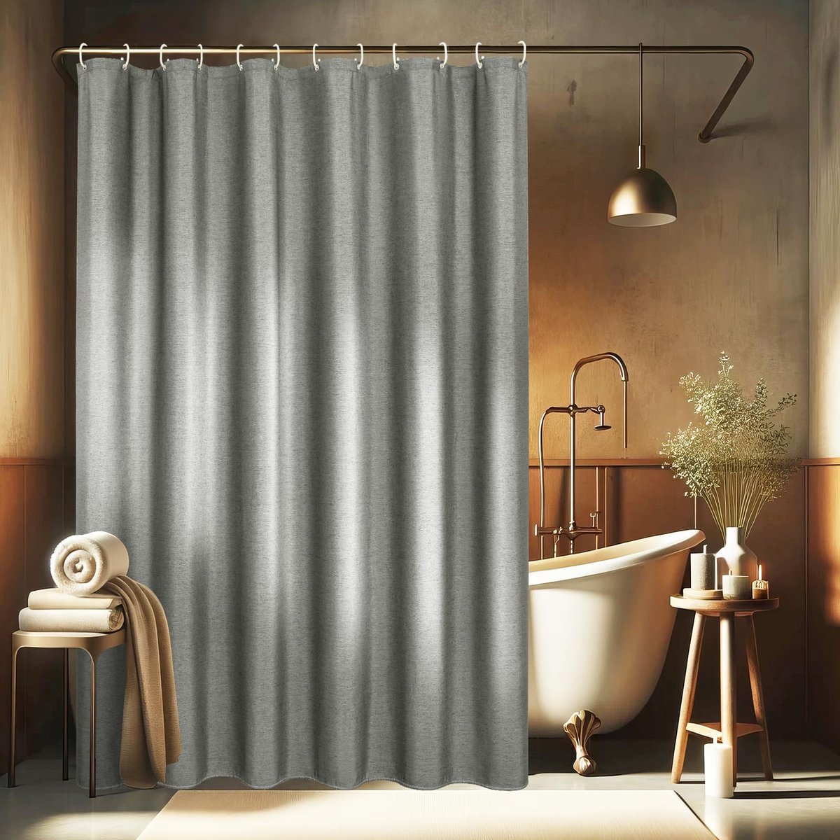 Namajunas - Linnen getextureerd douchegordijn-Polyester waterdicht-Anti-schimmel wasbaar stoffen badgordijn voor de badkamer-180x180cm-met 12 ringen