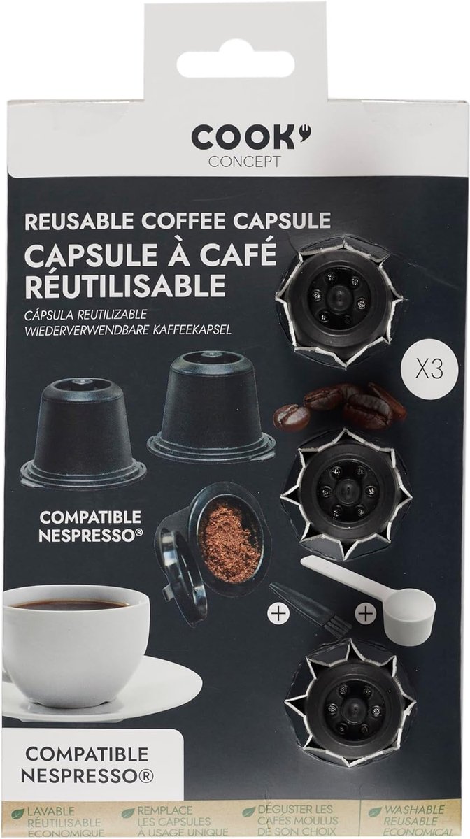 Herbruikbare Nespresso Capsules – Set van 3 Navulbare Koffiecups met Schepje & Reinigingsborsteltje – Duurzaam & Compatibel met Nespresso Machines – Mat Zwart
