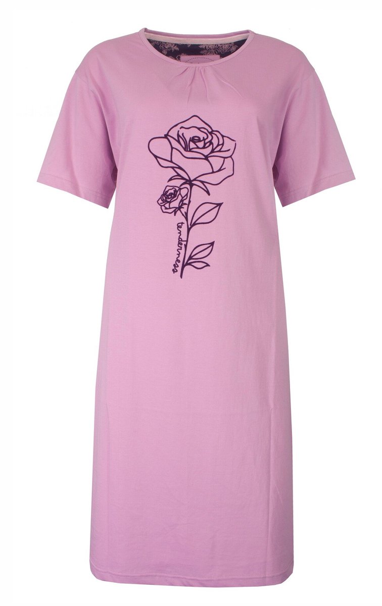 Tenderness Dames Nachthemd - Roos Print - Korte Mouwen - Lila paars