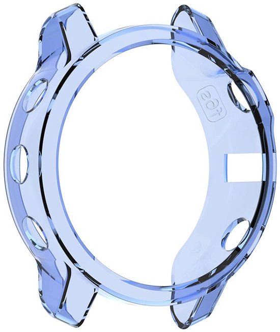 Transparant blauw TPU hoesje voor een Garmin Fenix 6X smartwatch, met openingen voor knoppen en sensoren.