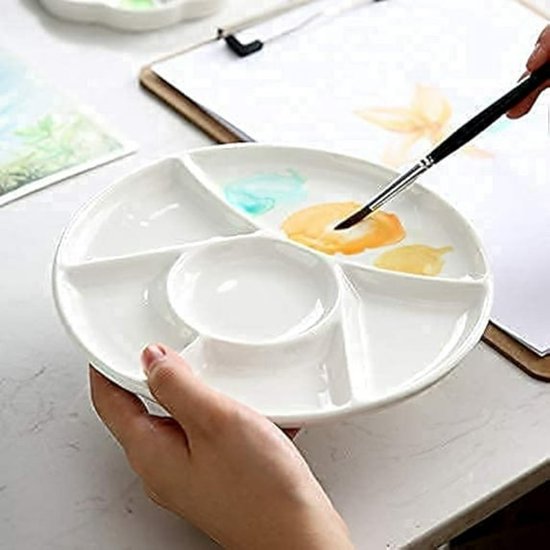 Foto: Gemakkelijk schoon te maken aquarel en gouache mengbak 6 gaten 8 inch wit rond