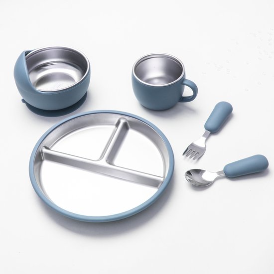 5 pièces - Assiette pour enfant - Assiette pour bébé en acier inoxydable - Sans BPA - Antidérapante - Incassable - Amovible - Convient aux tout-petits de 1 à 3 ans - Comprend assiette, bol, tasse, fourchette, cuillère - Blauw