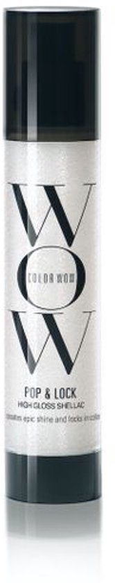 Fles met zilverkleurige glitters, met de tekst 'WOW COLOR WOW POP & LOCK HIGH GLOSS SHELLAC'.