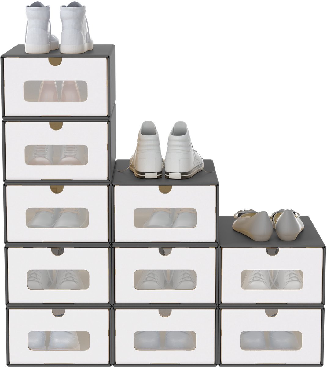 NAIZY 10x Schoenendozen Stapelbare Kraftpapieren schoenenopbergdoos met deksel en transparant venster schoenendoos schoenenorganizer 34,5 x 23,5 x 13,5 cm, Dunkelgrau