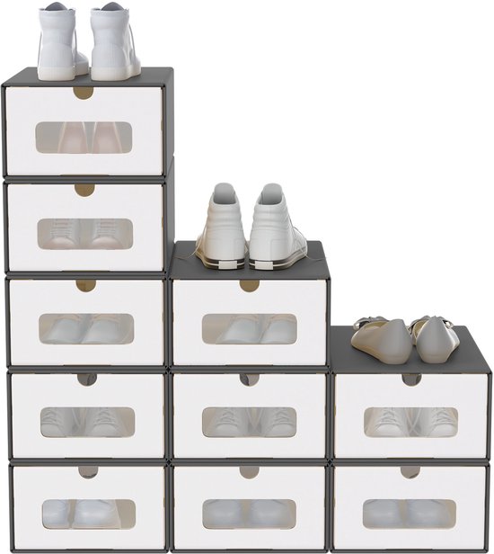 UISEBRT Set van 10 stapelbare schoenendozen, opbergdoos, laden met transparant kijkvenster, opbergdozen voor kinderkamer, kantoor, woonkamer, slaapkamer, wit