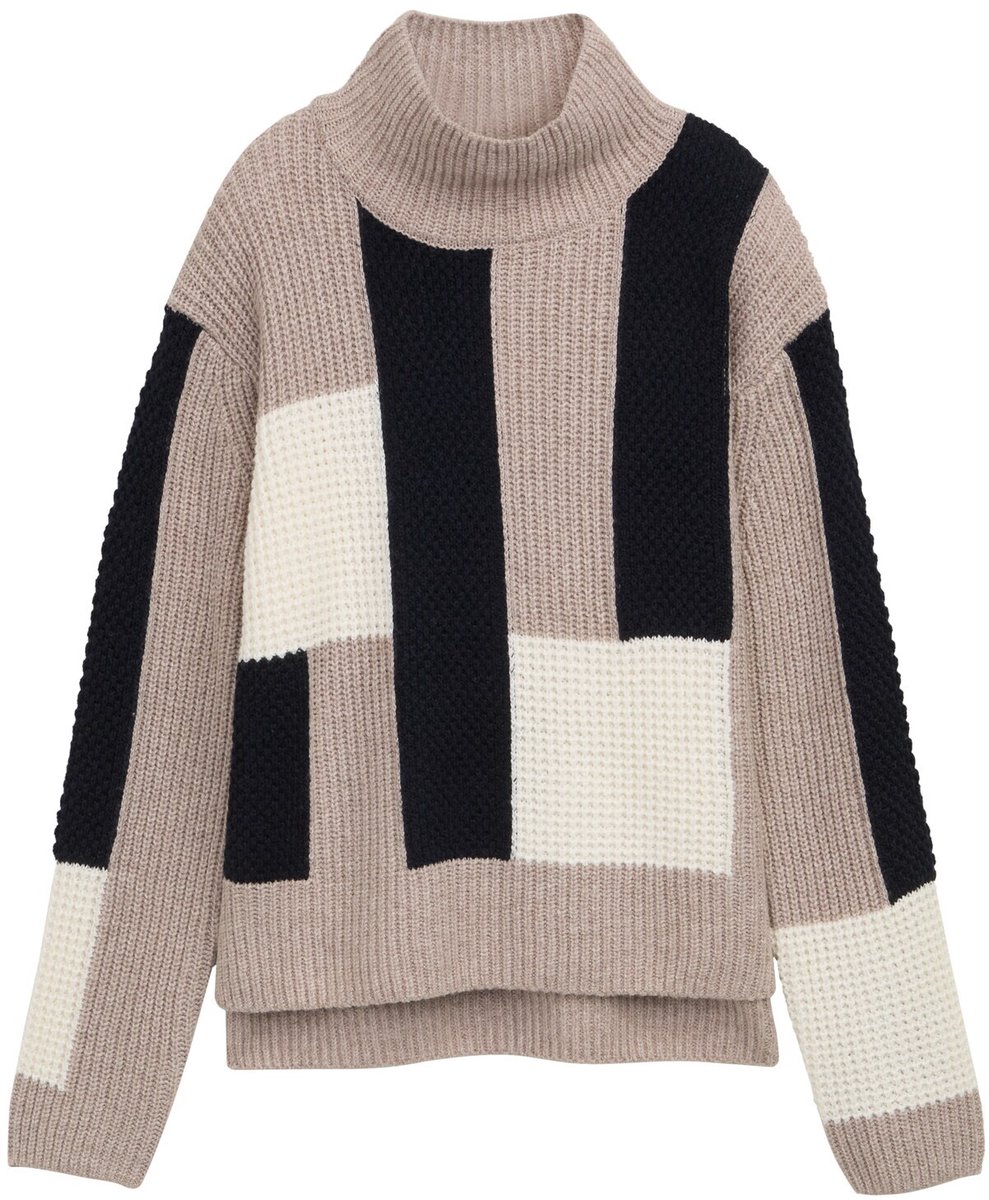 Tom Tailor - Gebreide trui met losse pasvorm en kleurblokjes - Maat S - taupe structured colorblock