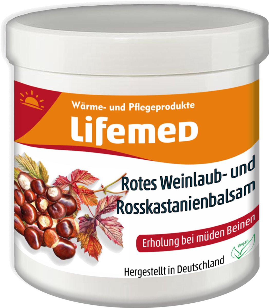 Levensmiddel rode wijngaardbladeren-/paardenkastanje-balsem, pot van 250 ml.