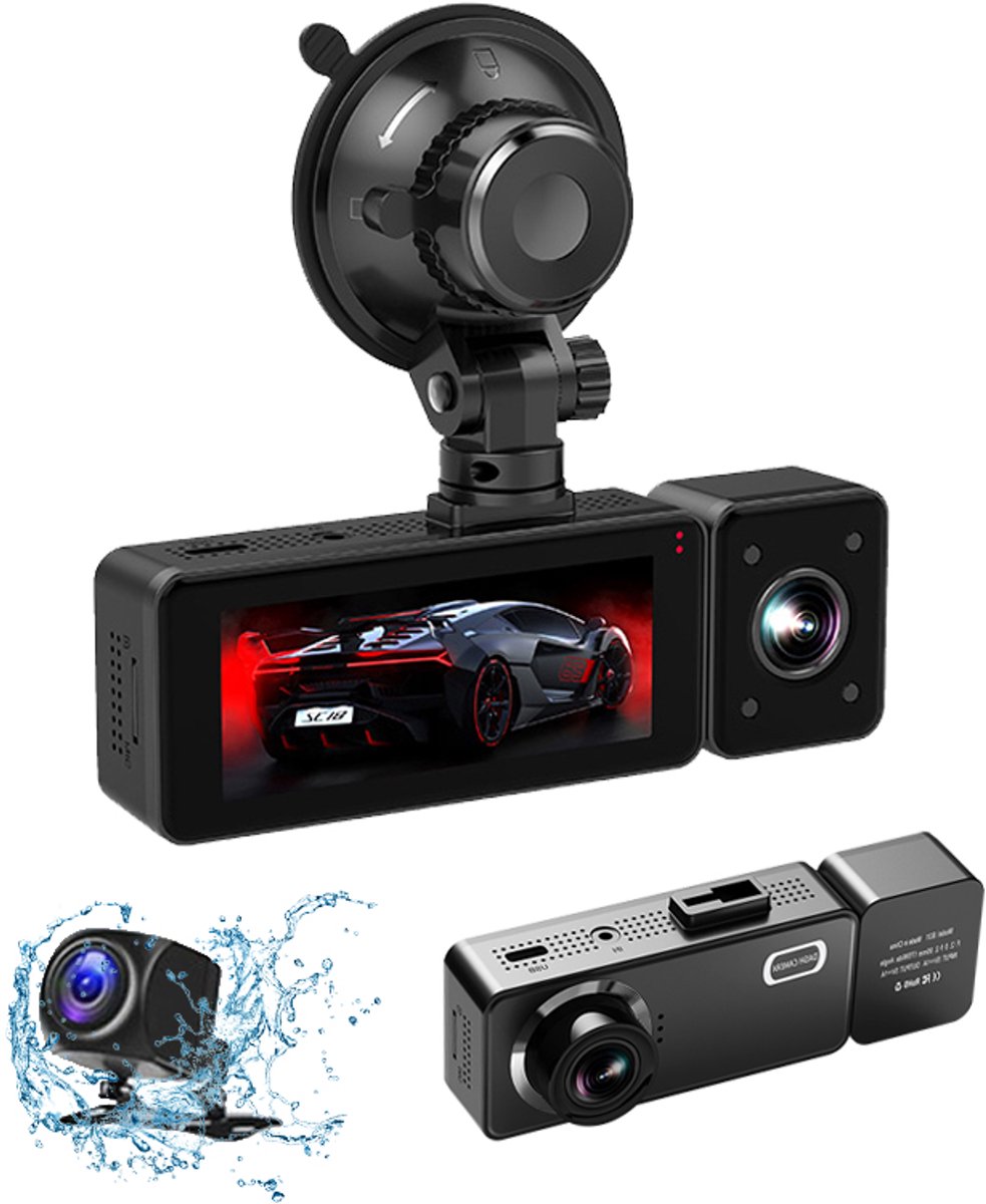 Gloovon - Dashcam voor Auto Voor en Achter - Voor, Achter & Interieur - 2K Resolutie - Met Wifi & App - Parkeermodus - Nachtzicht - G-Sensor