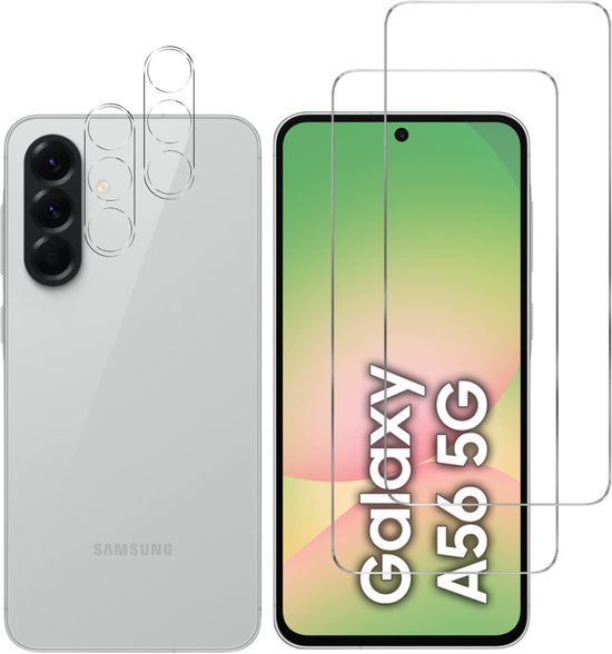 Samsung Galaxy A56 5G blanche avec triple caméra, à côté de deux protecteurs d'écran en verre.