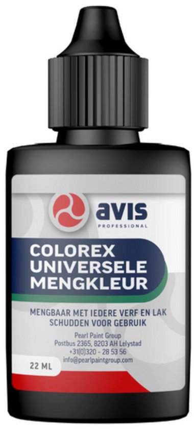 Zwarte Avis Colorex Universele Mengkleur 22 ml fles met zwarte dop.
