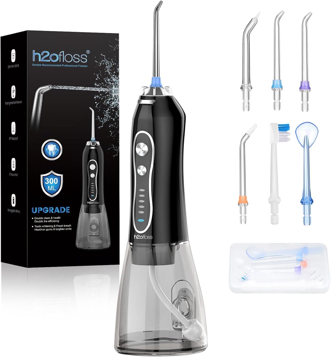 Waterflosser - Monddouche - 5 opzetstukken - 5 Standen - Elektrisch Flosapparaat - Waterdicht - Draadloos en Oplaadbaar - Zwart