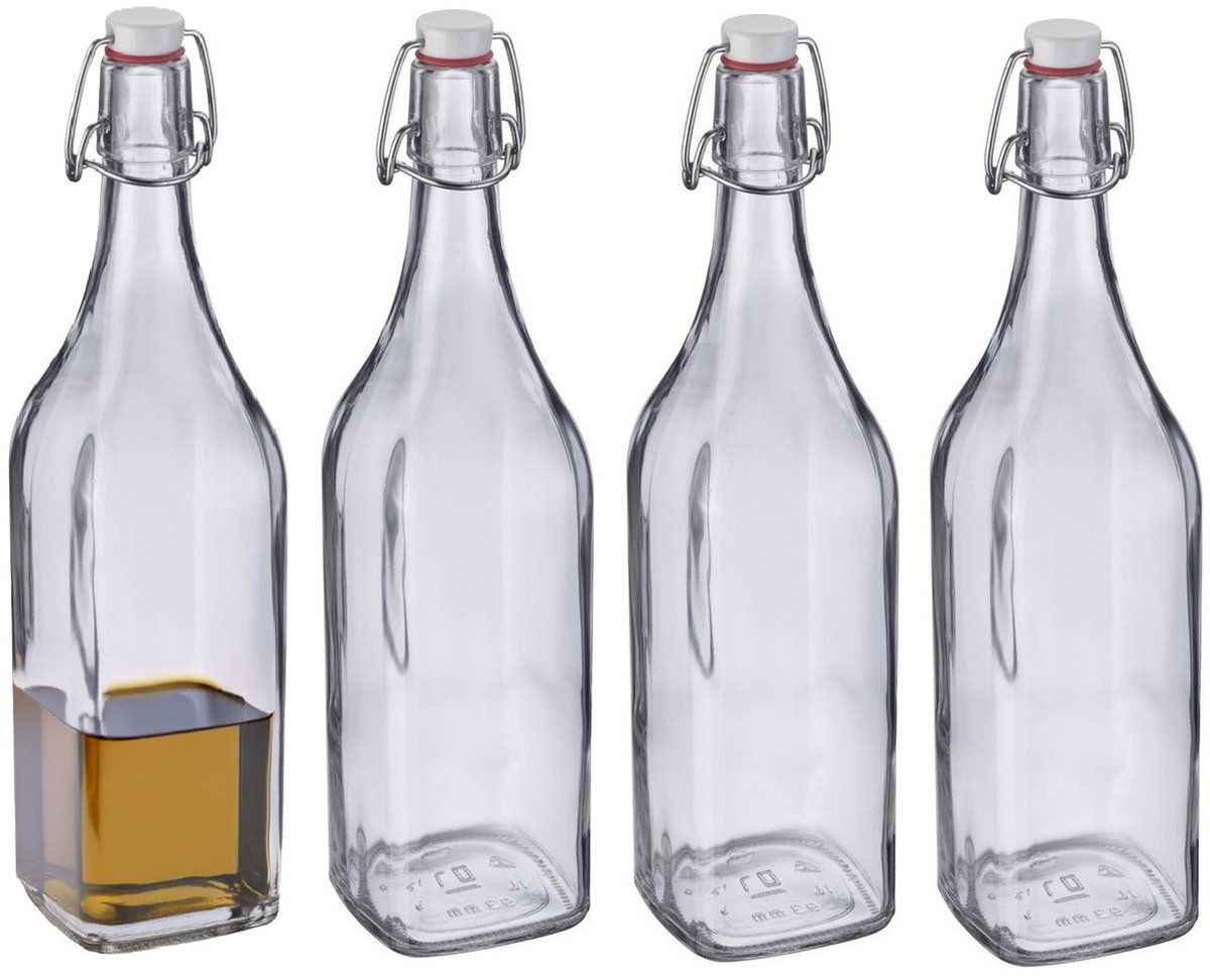 Westmark Beugelfles / Weckfles - 4x - transparant glas - luchtdicht - 1 liter - waterfles - vierkant - 8 x 32 cm