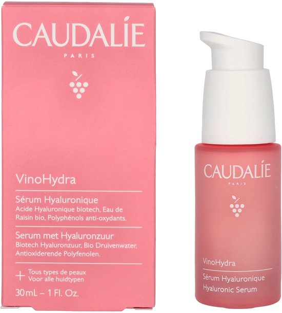 Roze Caudalie doosje en flesje met pompdispenser. Bevat VinoHydra Hyaluronic Serum.
