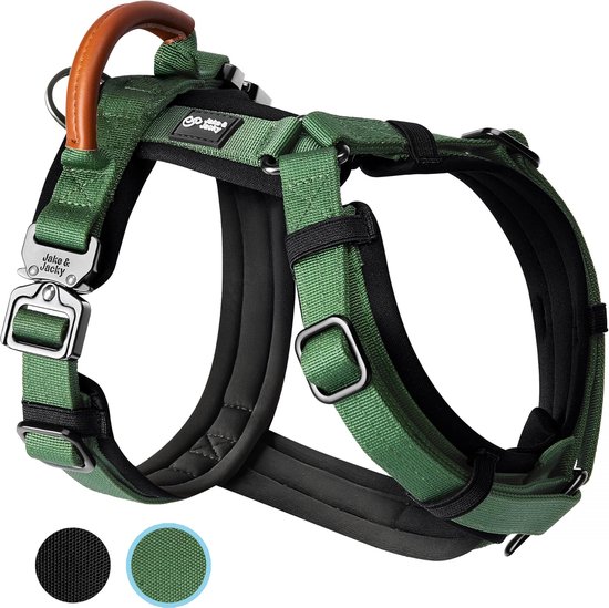 Harnais vert pour chien Jake & Jacky avec poignée en cuir et fermoirs Cobra métalliques.