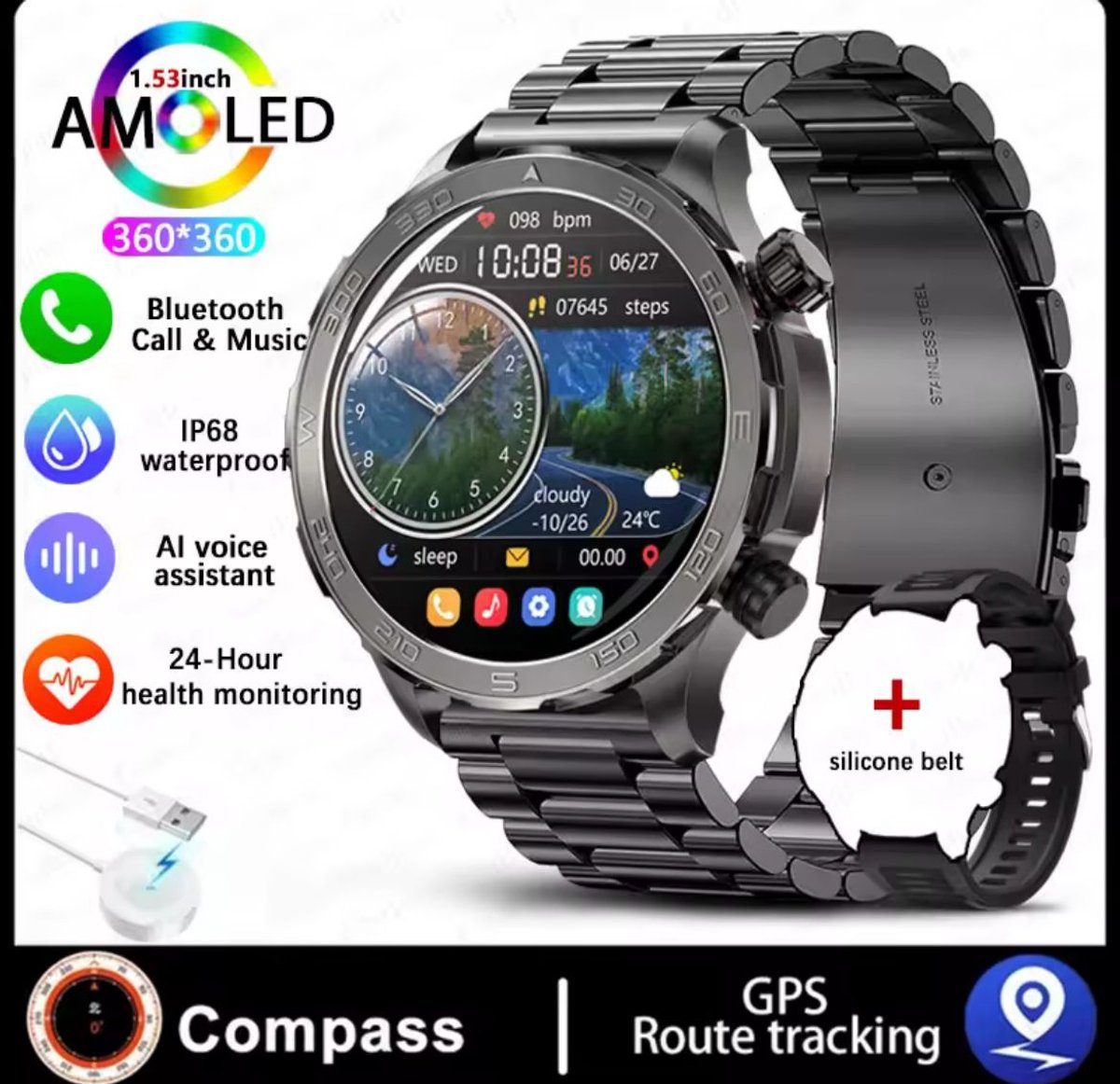 2024 GPS Sport Smartwatch Zwart IP68 Waterdicht