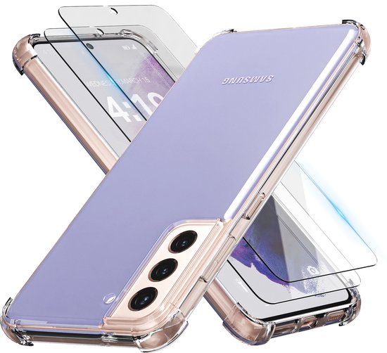 Téléphone Samsung S21 avec coque transparente et protecteurs d'écran, sur fond blanc.