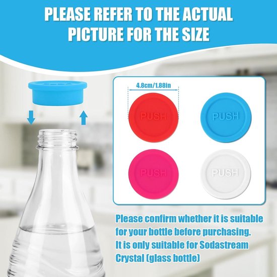 Allecto plus - Siliconen Afsluitdoppen voor Frisdrankflessen - Set van 4 - Herbruikbaar - Geschikt voor Sodastream Glazen Fles - Rood, Roze, Blauw, Wit - 76 characters — afbeelding 2