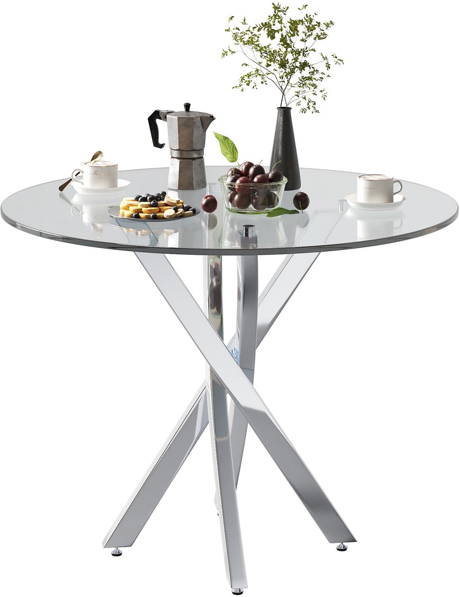 Merax Ronde Eettafel - 80x80x75 cm - Glazen Tafelblad - Zilveren Metalen Poten - Moderne Design Eettafel