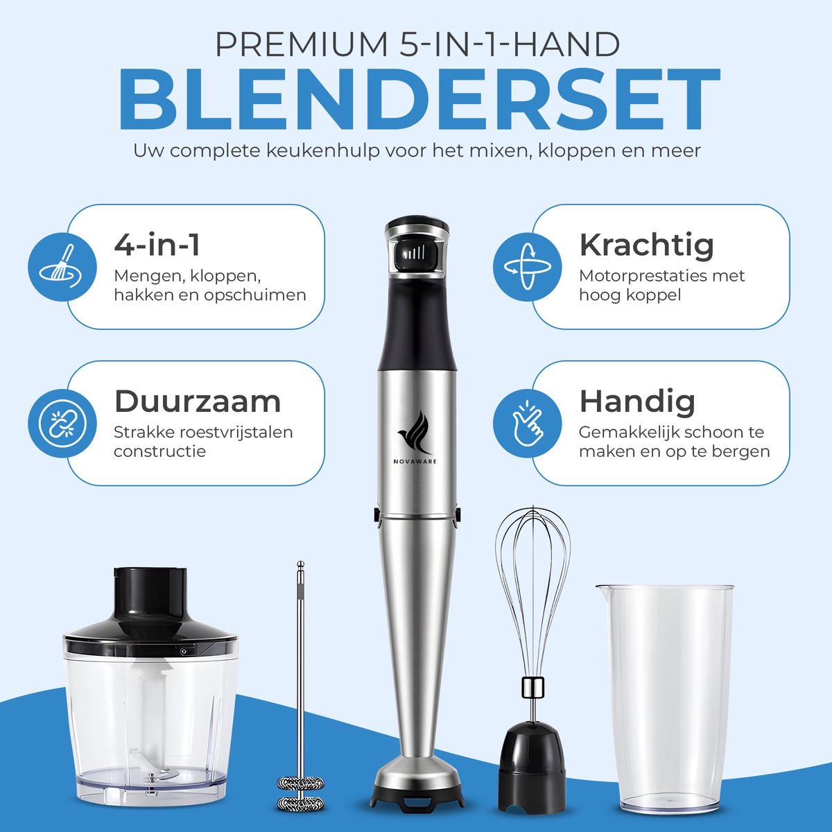 NovaWare Staafmixer 6-in-1 Set – 1100W - Hand Blender - Met Hakmolen, Garde, Melkopschuimer & Maatbeker – RVS – foto 4