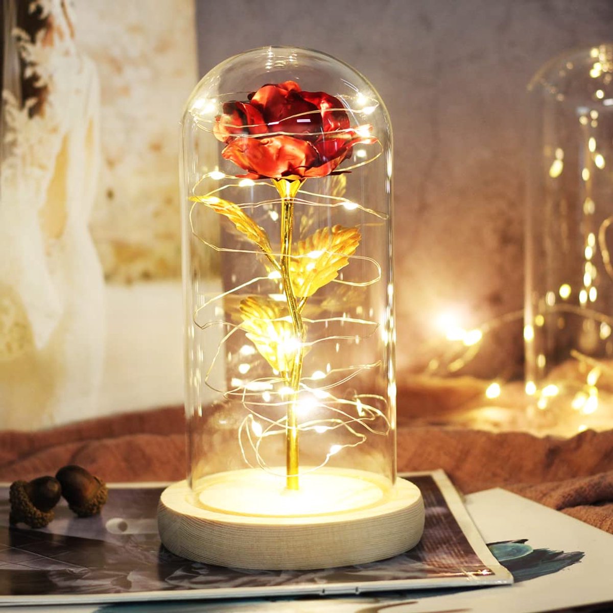 Gloovon® - Regalo Rosa - Luxe Roos in Glas met LED - Gouden Roos in Glazen Stolp - Cadeau voor Moederdag, vrouw, vriendin, haar, Valentijn - Romantisch