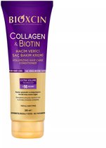 Paarse tube Bioxcin Collagen & Biotin conditioner, met gouden dop en details. 250 ml. Voor haar dat volume nodig heeft.