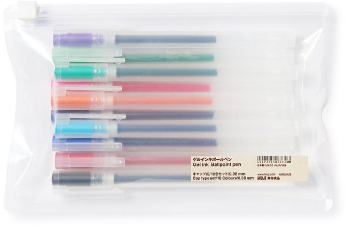 Muji Gelpennen 0.38mm Set met 10 Kleuren + EXTRA een Muji Twin Highlighter - Made in Japan