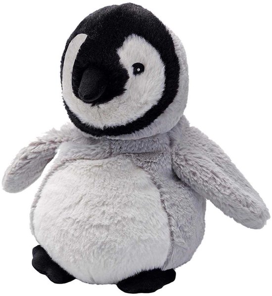 Een zachte, grijze pluche pinguïn met zwarte accenten op zijn hoofd, vleugels en voeten. Witte buik.