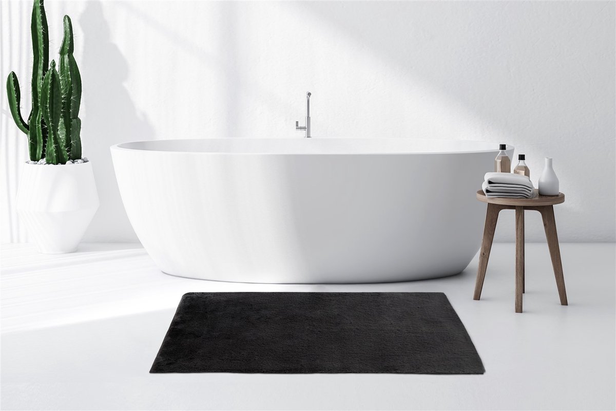 Floraya - Badmat - Fluffy Light- Hoogpolig - Donkergrijs - 70x130cm - Antislip
