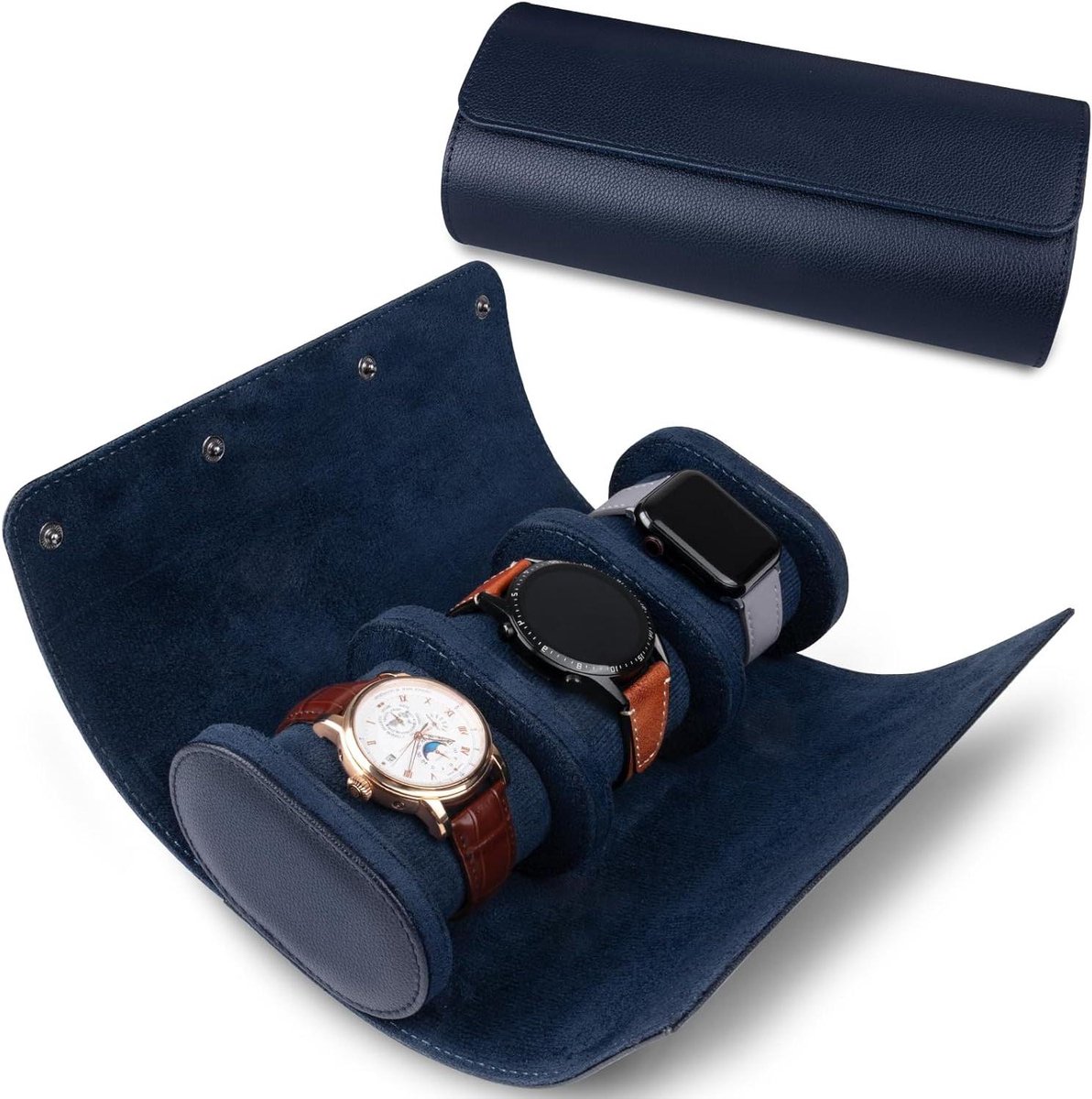 Allecto plus - Cilindrische Horlogekoffer 3 Slots, Reisbox voor Horloges, Vintage Ontwerp - Blauw, Mannen en Vrouwen.