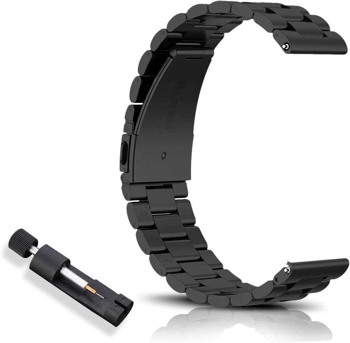 Allecto Plus - Roestvrij stalen reservearmband met snelsluiting voor horloges - 16 mm, 18 mm, 20 mm, 22 mm - zwart, gepolijst, unisex.