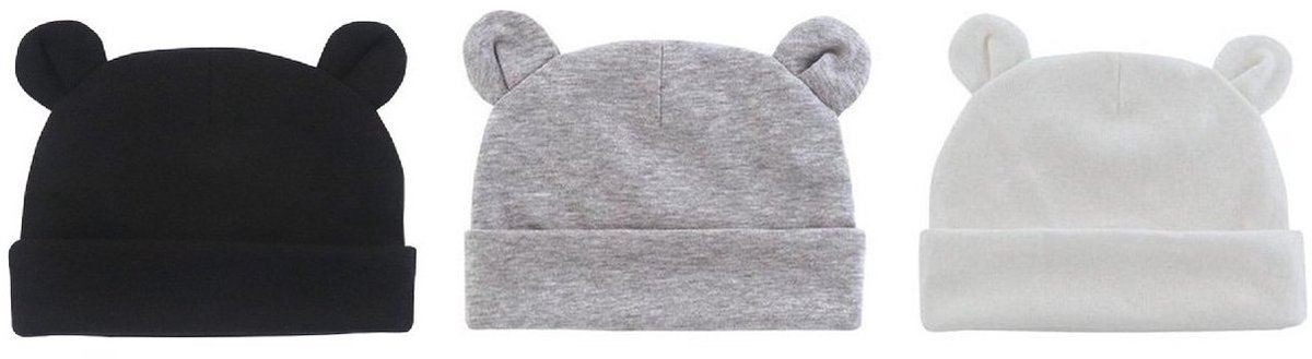 Babymutsjes Newborn Beervorm - 0-3 mnd - Zwart Wit Grijs - schattige oortjes - baby mutsje - katoen