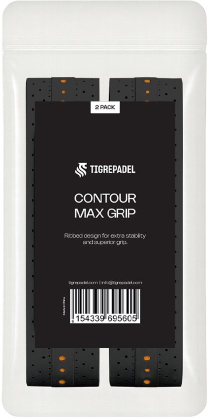 Verpakking met twee zwarte TigrePadel Contour Max grips met gele stippen. Tekst: '2 PACK', 'Ribbed design for extra stability and superior grip.'