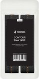 Verpakking met twee zwarte TigrePadel Contour Max grips met gele stippen. Tekst: '2 PACK', 'Ribbed design for extra stability and superior grip.'