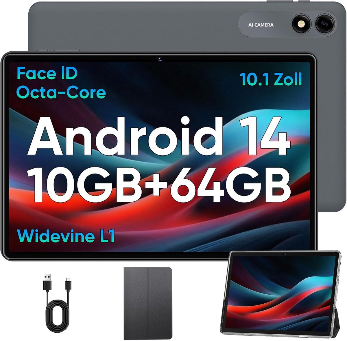 10.1 inch Tablet met Android 14 - Octa Core, 10GB RAM, 64GB ROM, 1TB Uitbreidbaar - 8000mAh Batterij
