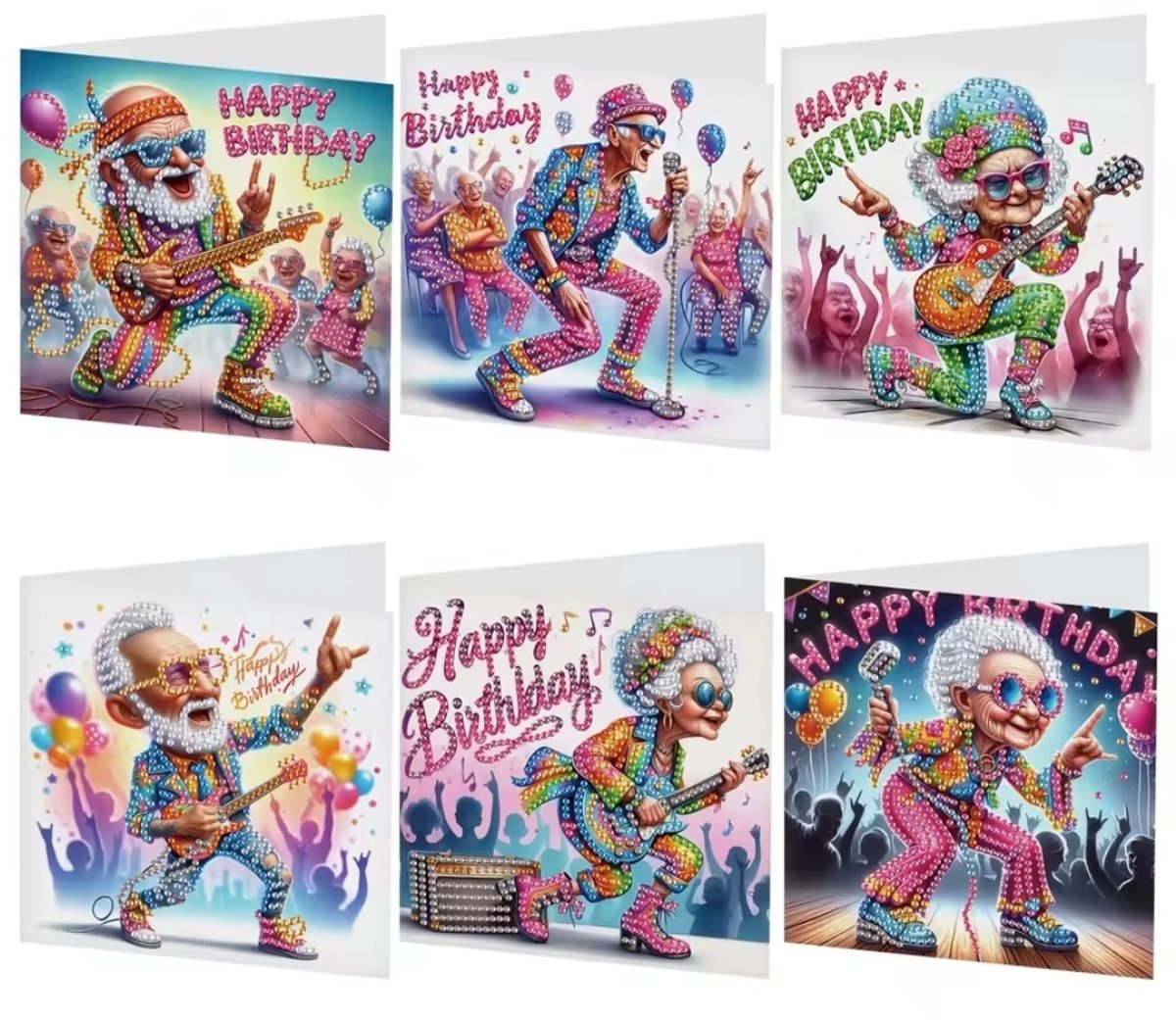 Diamond Painting Kaarten - Verjaardagskaart - Wenskaart - Opa en Oma - Dame en Heer - Zingen - Dansen - Happy Birthday - Rock