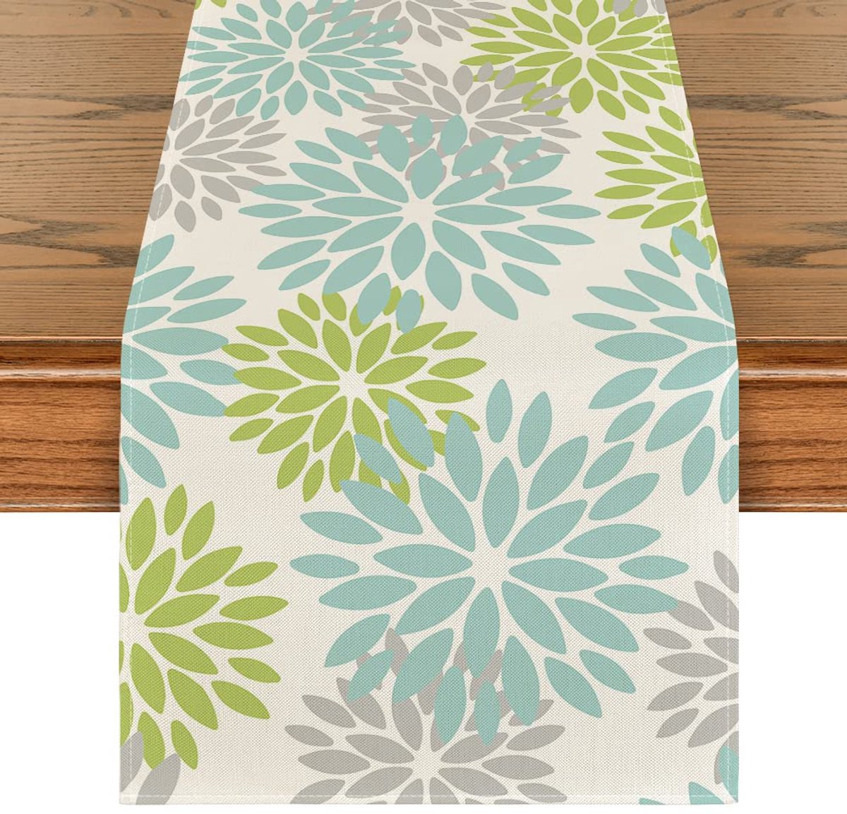 Tafelloper - Met dahlia's, bloemmotief en groene accenten - Voor zomerse tafeldecoratie, binnen, voor feestjes - 40x140 cm