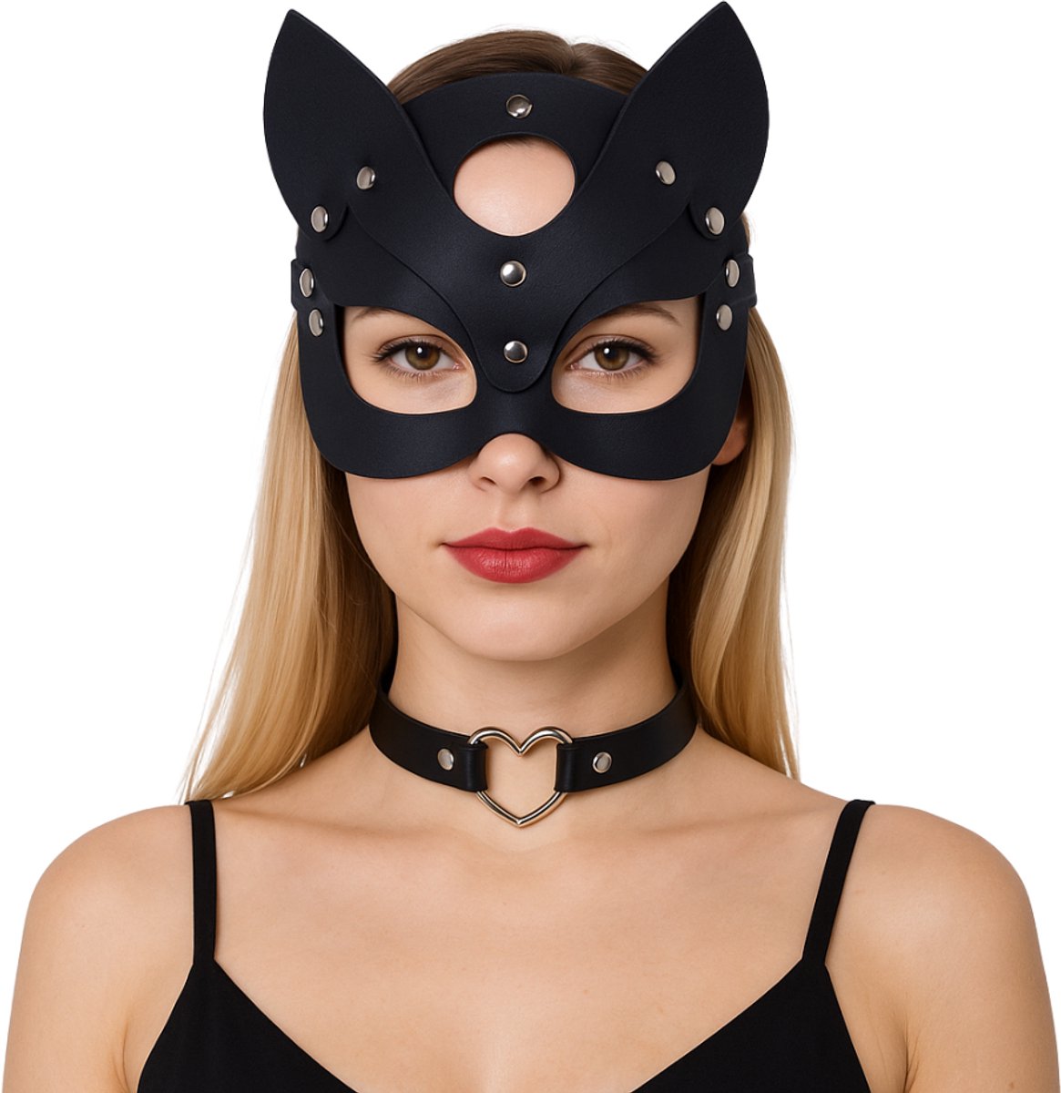 Joya Party® Sexy Kattenmasker volwassenen | Katten verkleedset | Verstelbaar faux leer masker en halsband | Halloween masker | Kattenkostuum accessoires | Zilveren studs | One size