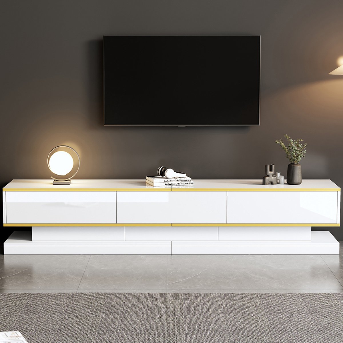 Pugsdrly TV-meubel 200*40*40 cm, laag meubel met 3 lades, glanzend TV-meubel, woonkamermeubel met veel opbergruimte, warm wit tv-tafeltje met gouden rand, TV-meubel op poten