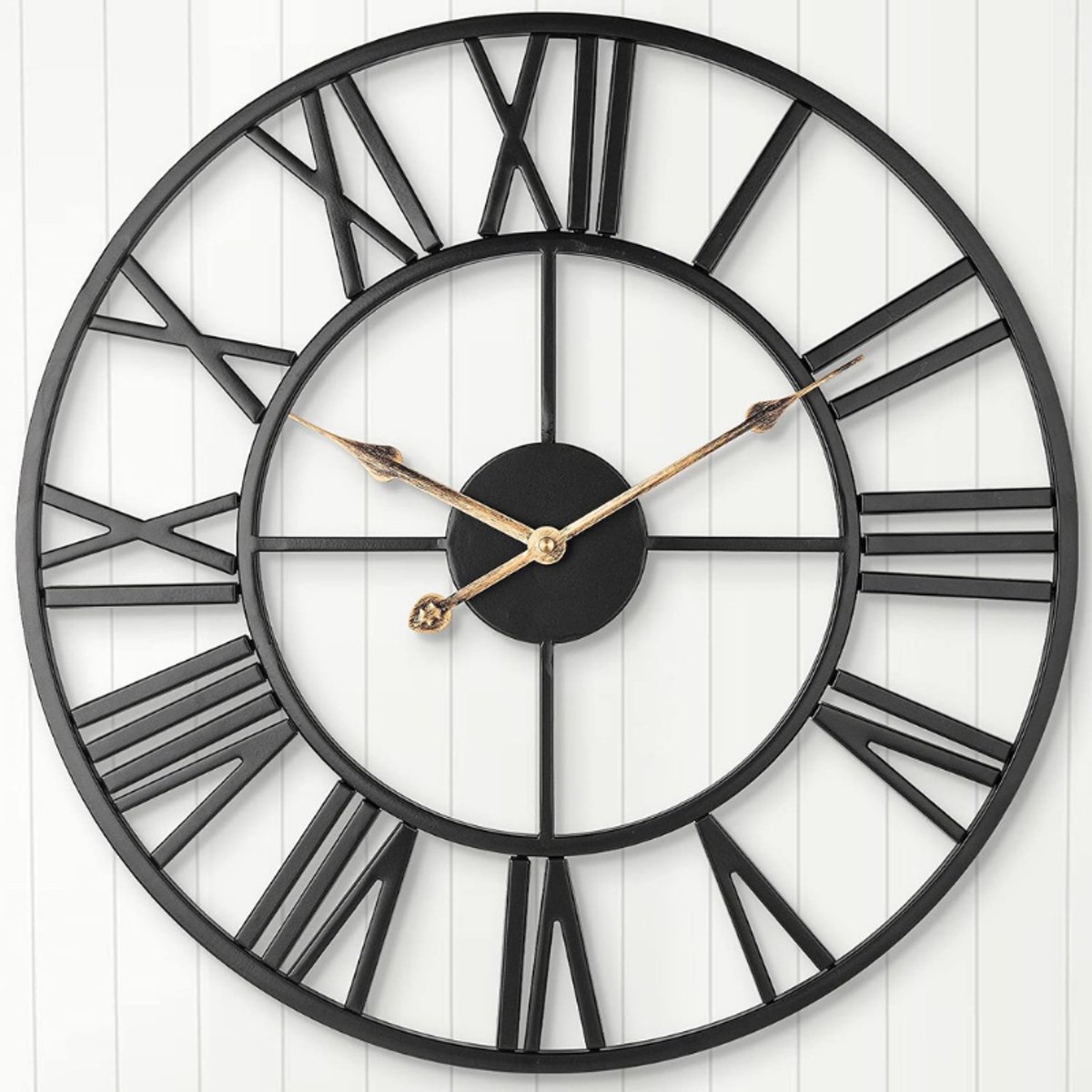 Stille Wandklok Europese Boerderij Vintage Klok Met Romeinse Cijfers – 47 Cm – Niet-Tikkend – Batterij Aangedreven – Metalen Skelet – Decoratieve Klok Voor Thuis Keuken – Zwart