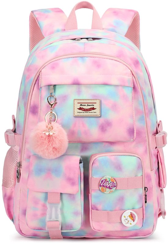 Roze tie-dye rugzak met veelzijdige vakken, een pompon en een 'love' badge.