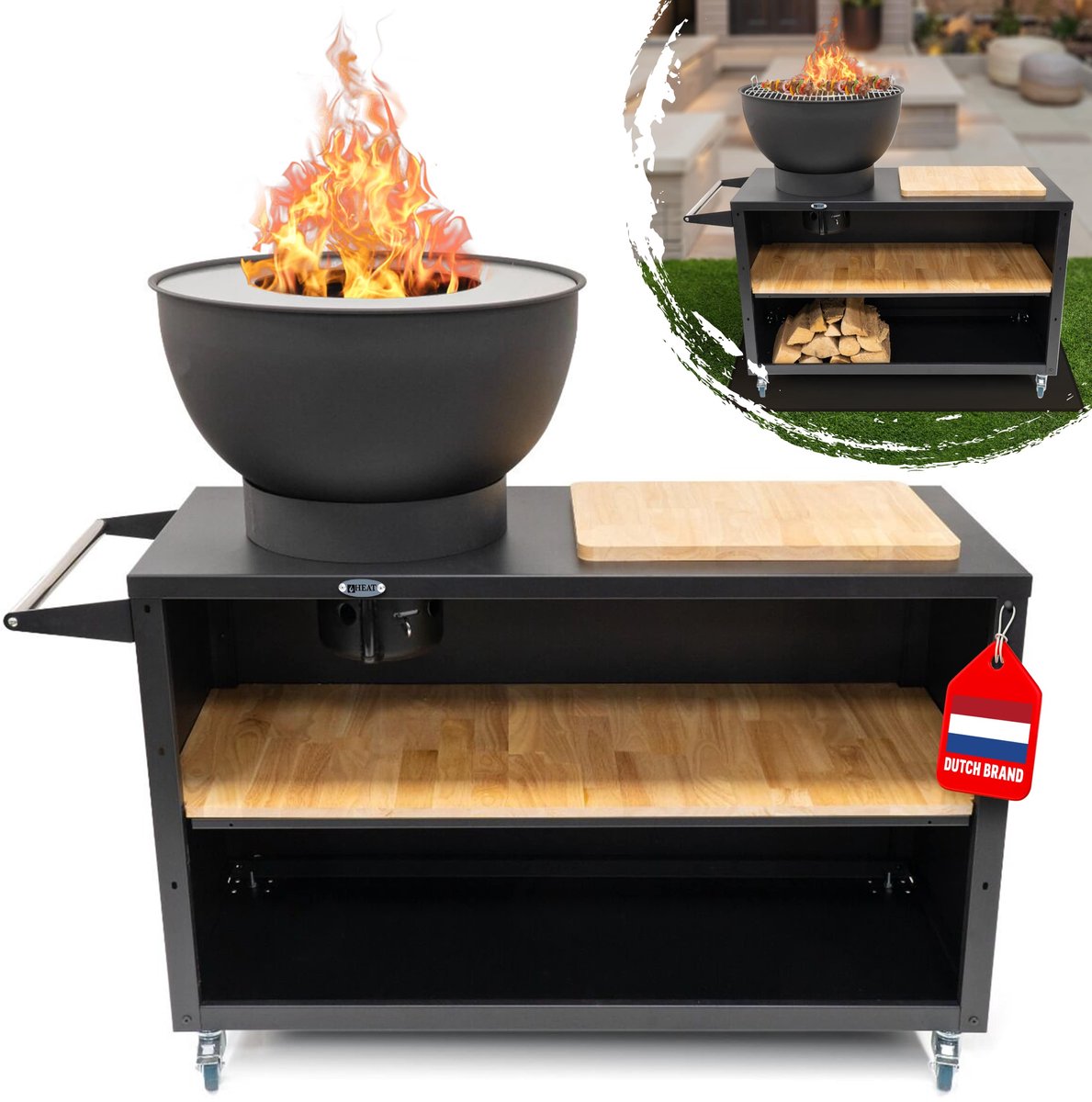 HEAT Outdoor Living Buitenkeuken Trolle Zwart - Barbecue met Opslag - Mobiele Buitenkeuken - Barbecue Plancha - Grillen - Staal - Incl. Snijplank - Sfeervolle Avonden met Vrienden en Familie - 117x46x106cm